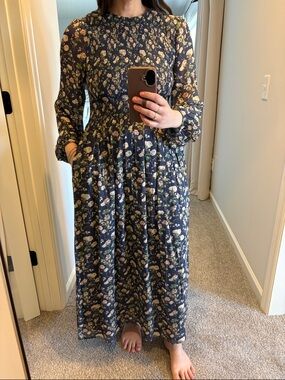 Navy Floral Long-Sleeve Maxi Dress with Smocked Waist - the nap dress